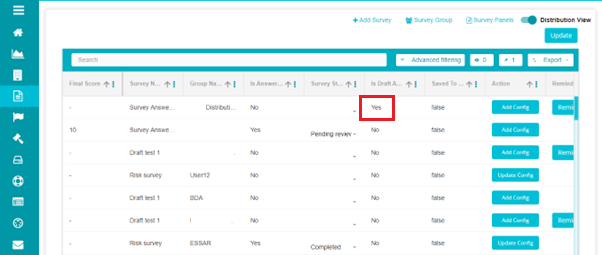 Image highlighting Is Draft Available answer for selected survey i.e Yes
