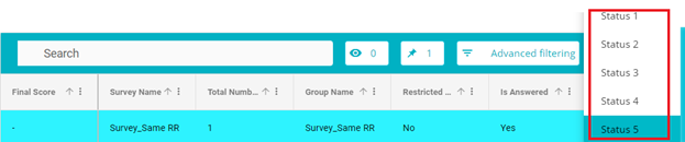 Screenshot showing survey status drop down