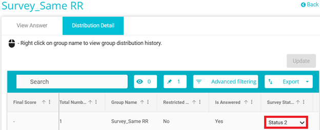 Screenshot showing survey status field