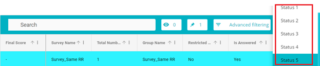 Screenshot showing survey status drop down