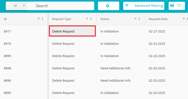 Screenshot highlighting the delete request field